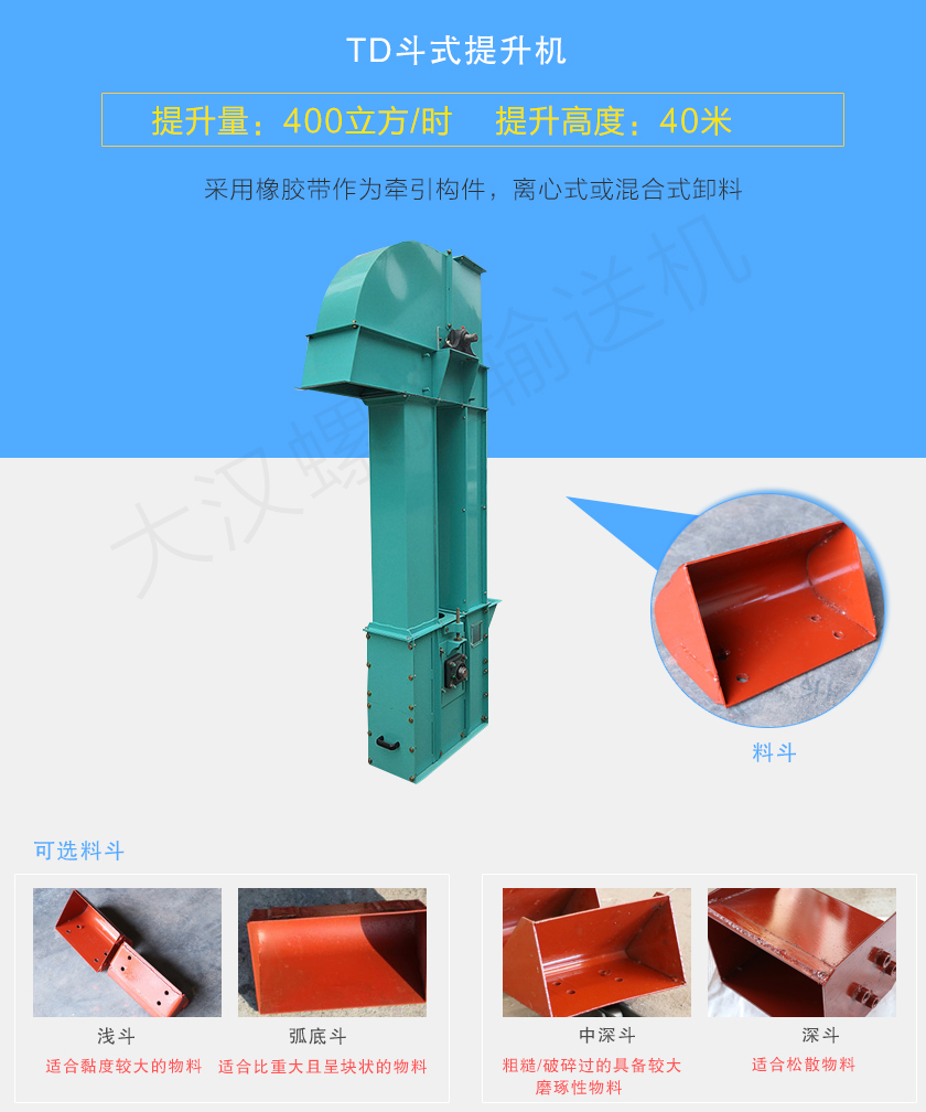 TD斗式提升機采用橡膠帶為牽引件，具有噪音小、成本底的優點，根據不同物料可配置不同料斗：Q型(淺斗)、H型(弧底斗)、ZD型(中深斗)以及SD型(深斗)